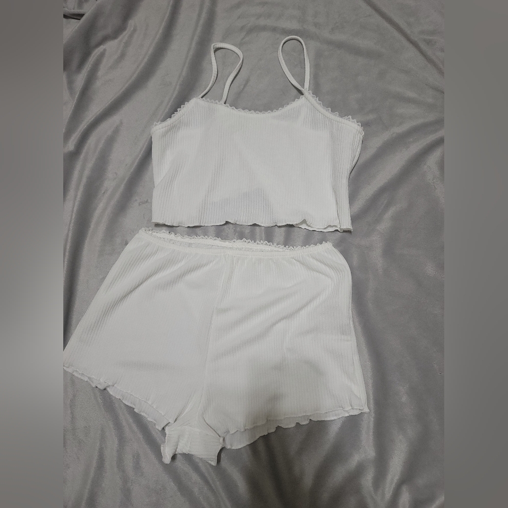 Ruffle Girly Sweet White Ribbed Tank and Shorts Co-ord Set